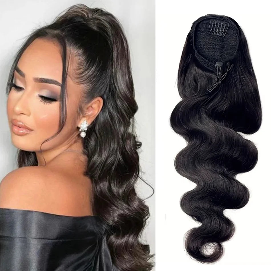 Bopdy Wave Ponytail Extension Drawstring Ponytail 100% Real Human Hair For Black Women Wavy Pony Tails Extensions 26 Inches