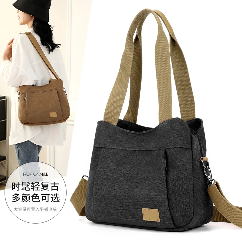 Retro Canvas Shoulder Bag Multifunctional Large Capacity Casual Crossbody Bag for Women