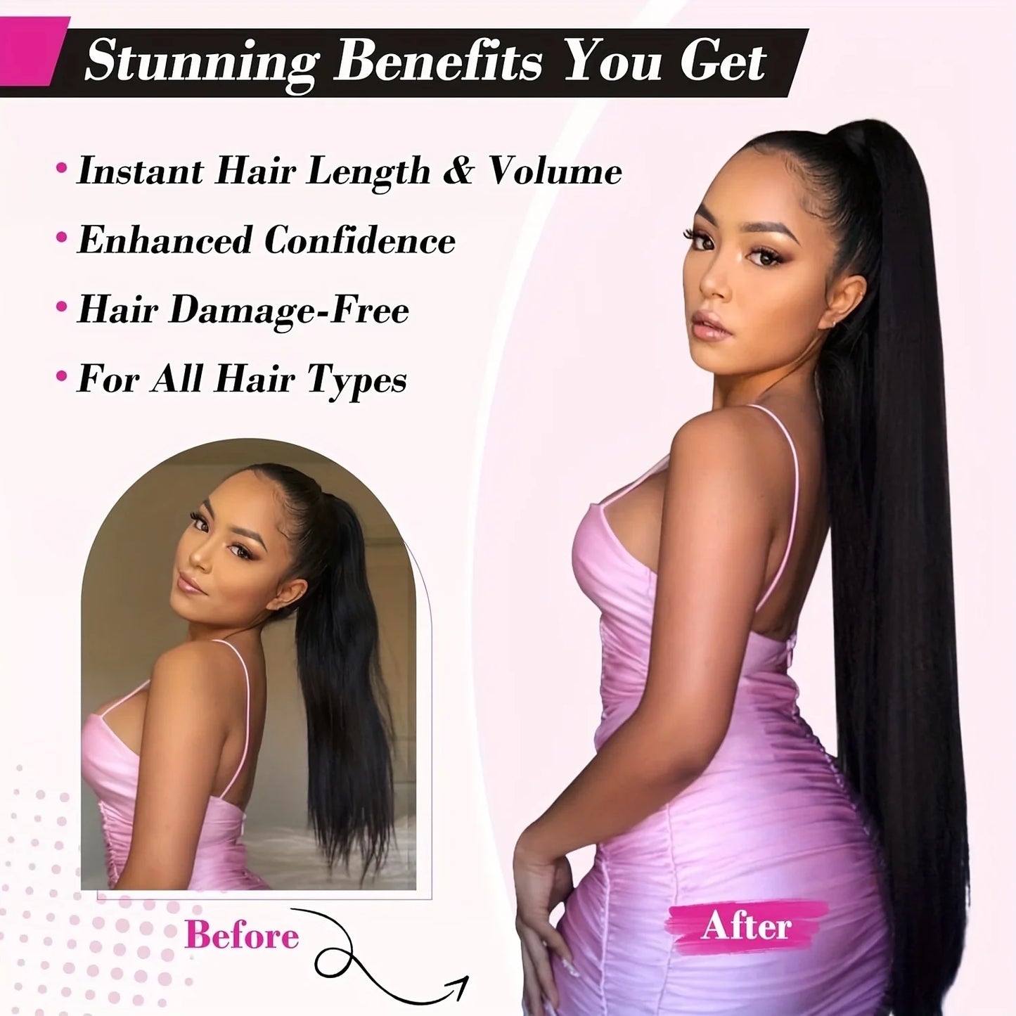 26 Inches Straight Drawstring Ponytail Clip In Ponytail Extensions Natural Color 100% Brazilian Human Hair Wrap Around Ponytails