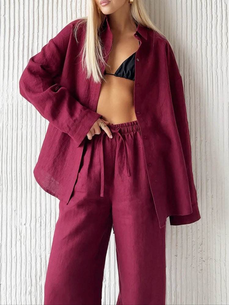 Women Long Sleeve T Shirts Wide Leg Pants Suit Single Breasted Blouses Elastic Waist Trousers 2 Piece Sets Solid Elegant Outfits