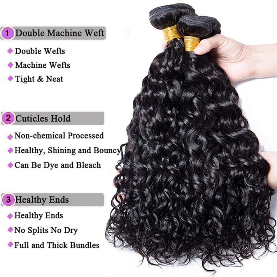 Malaysian Water Wave Bundles With Closure Wet and Wavy Curly Human Hair Bundles With Frontal Virgin Human Hair Weave Extensions