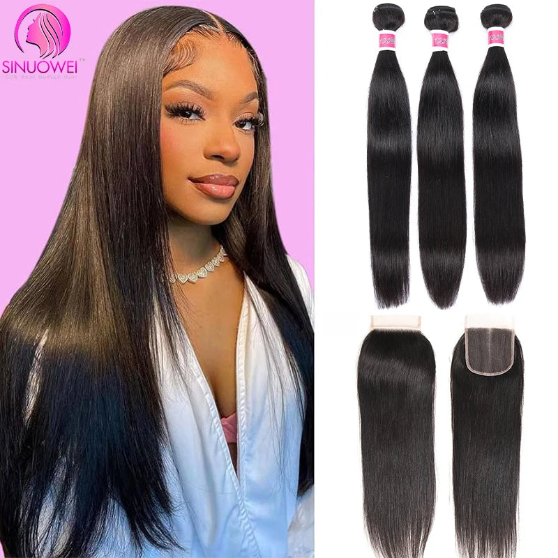 Bone Straight 100% Human Hair Bundles With 4x4 transparent Lace Closures 3/4 Bundles Brazilian Hair Weave Bundles With Closure