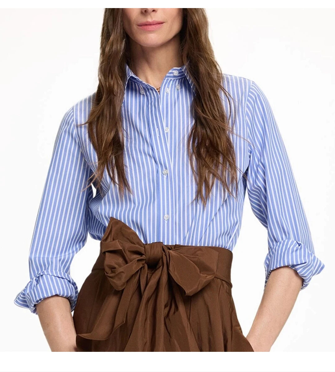 CH Women's casual cotton blouse with stripes and embroidered collar-long-sleeved streetwear, simple office top.