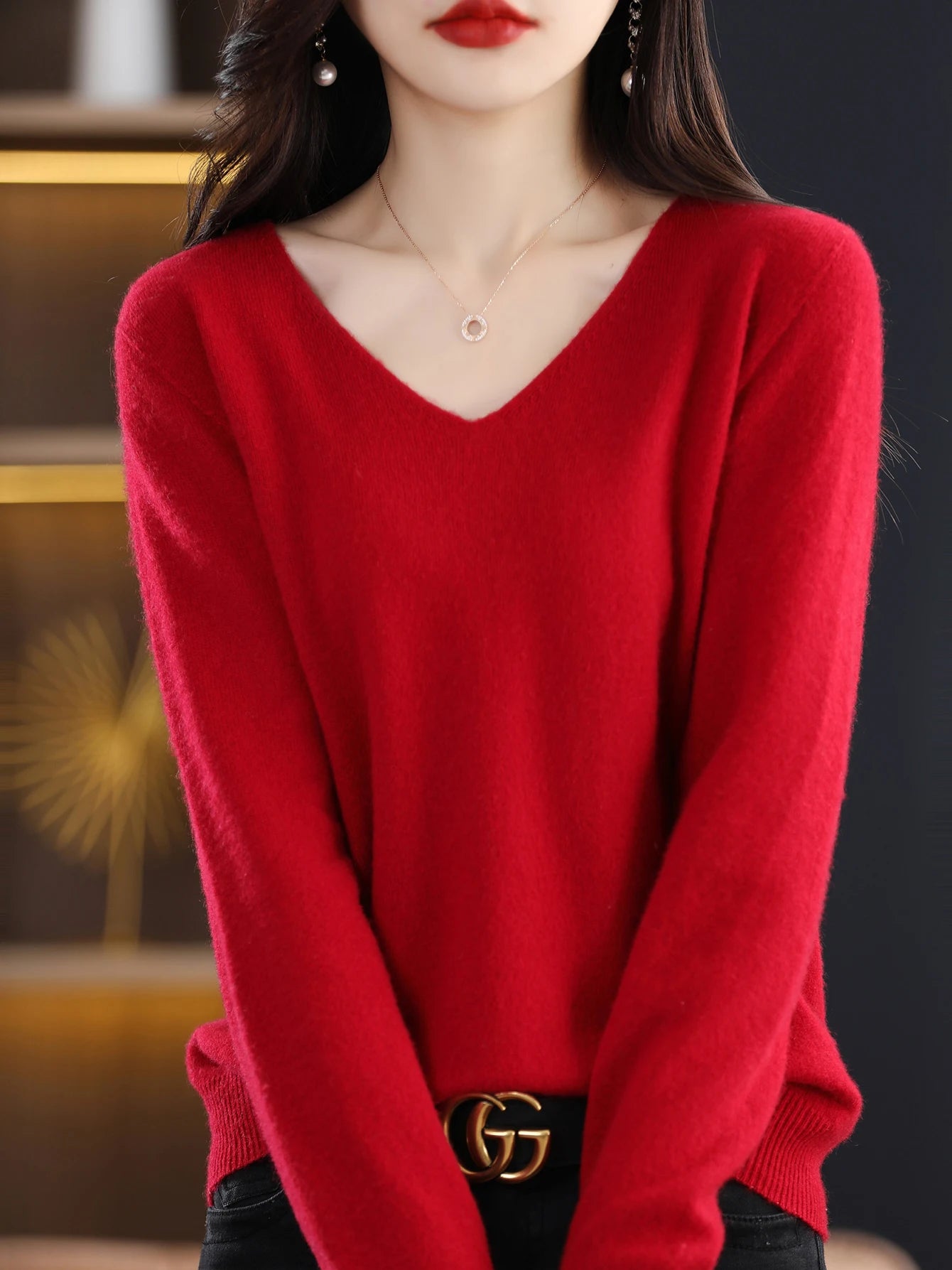 Women 100 Percent Merino Wool V Neck Sweater Fall Winter Warm Pullover