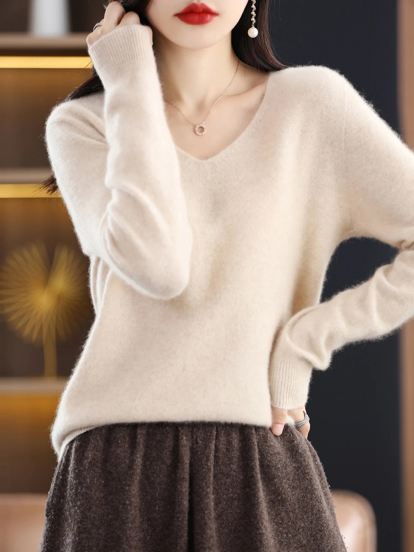 Women 100 Percent Merino Wool V Neck Sweater Fall Winter Warm Pullover
