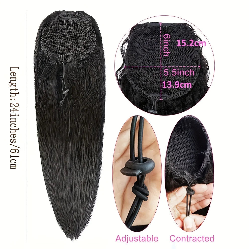 26 Inches Straight Drawstring Ponytail Clip In Ponytail Extensions Natural Color 100% Brazilian Human Hair Wrap Around Ponytails