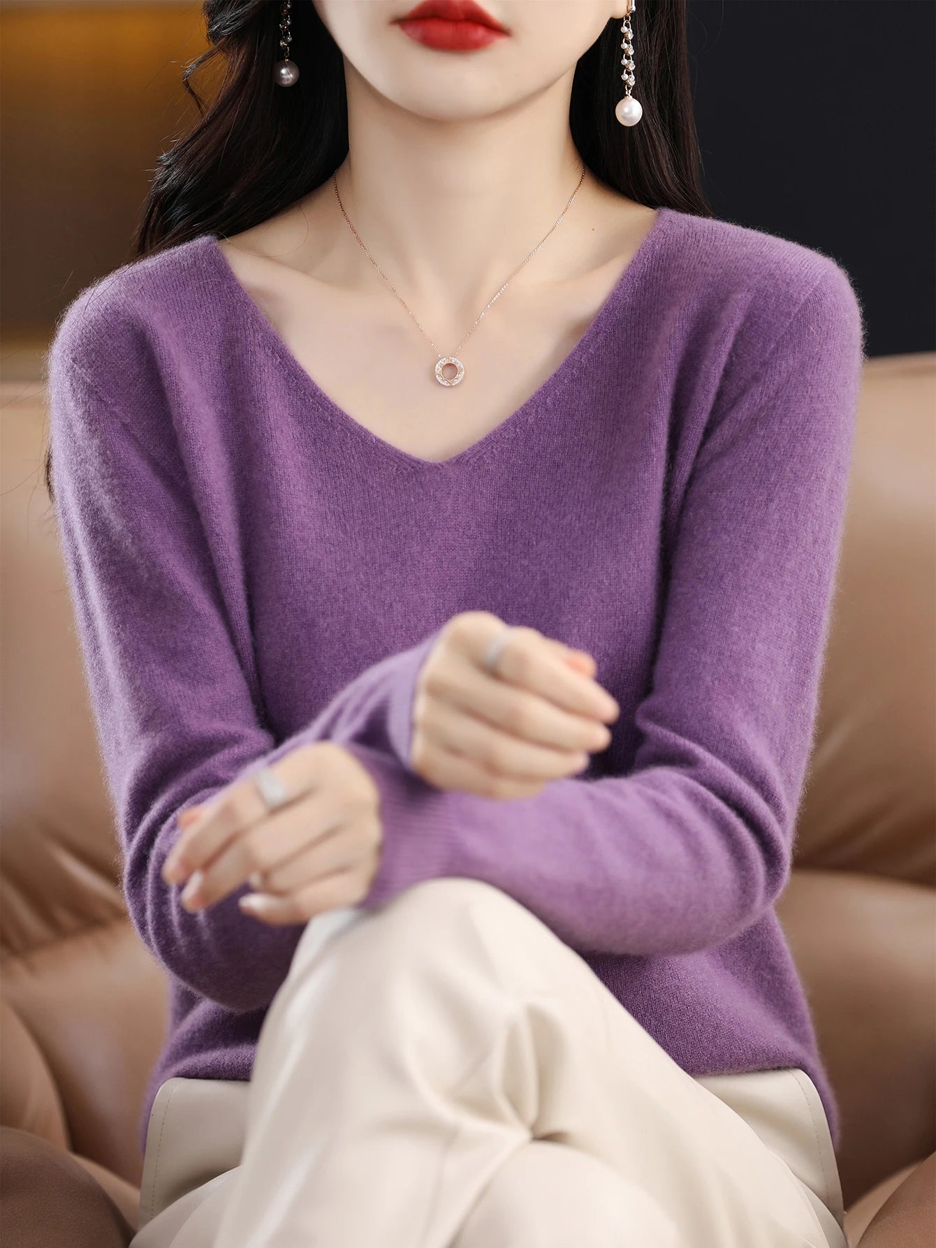 Women 100 Percent Merino Wool V Neck Sweater Fall Winter Warm Pullover