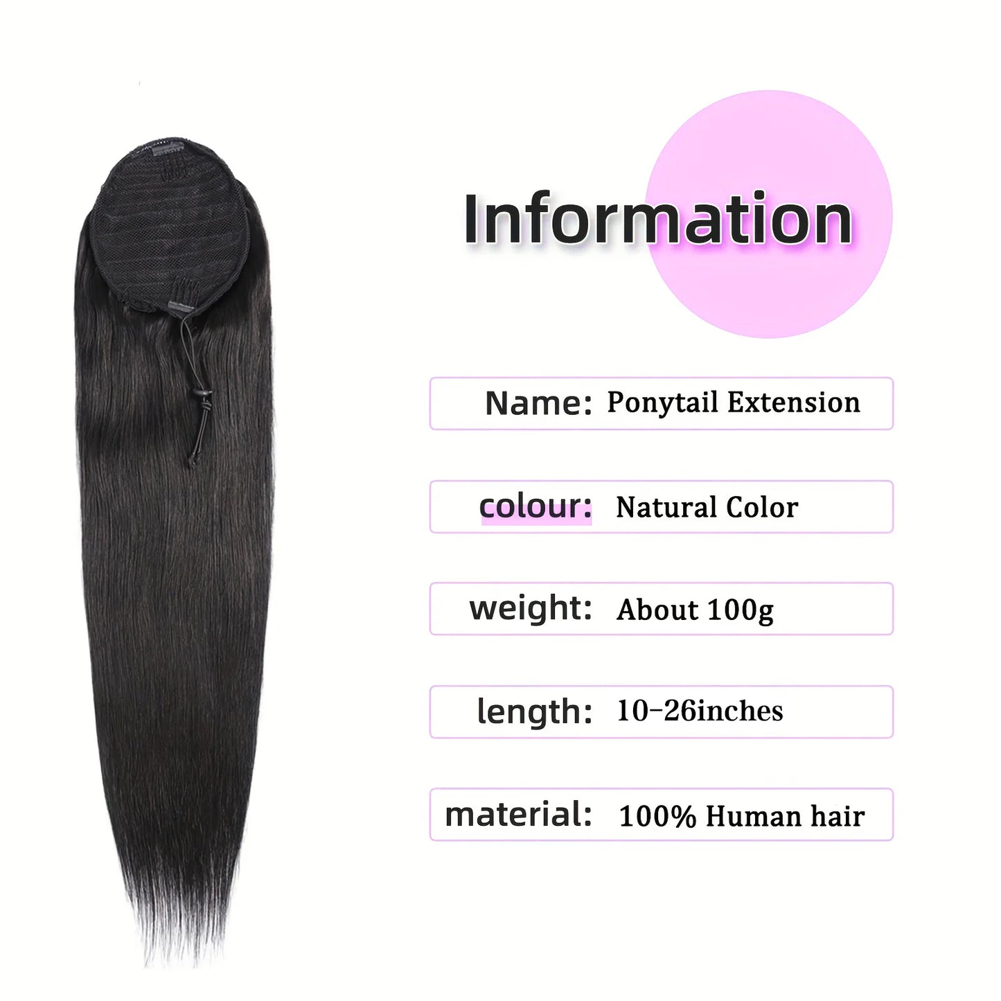 26 Inches Straight Drawstring Ponytail Clip In Ponytail Extensions Natural Color 100% Brazilian Human Hair Wrap Around Ponytails