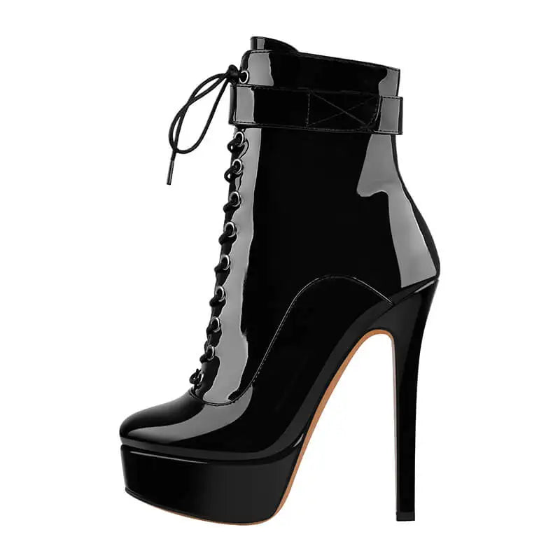 Onlymaker Women Platform Ankle Booties Patent Leather Thin High Heels Lace Up  Size Zip Winter Warm Zipper Boots Shoes