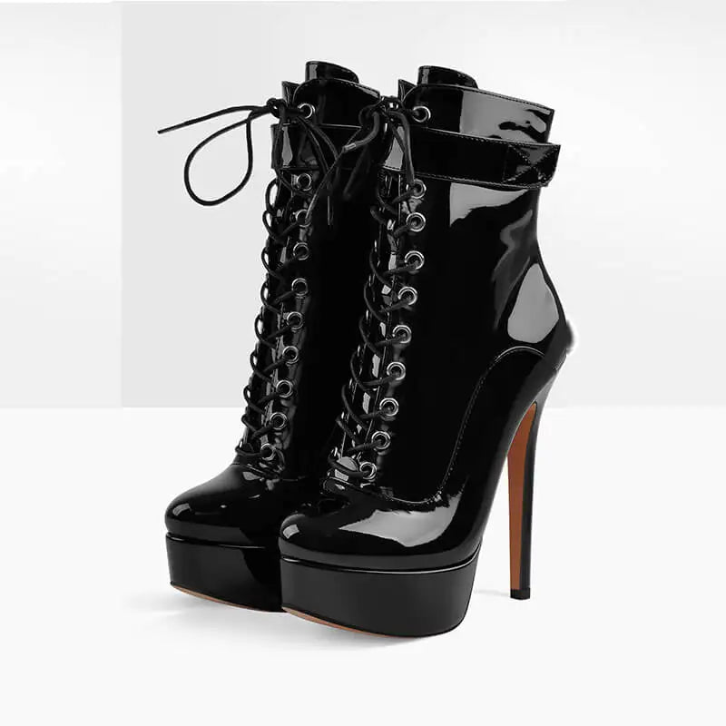 Onlymaker Women Platform Ankle Booties Patent Leather Thin High Heels Lace Up  Size Zip Winter Warm Zipper Boots Shoes