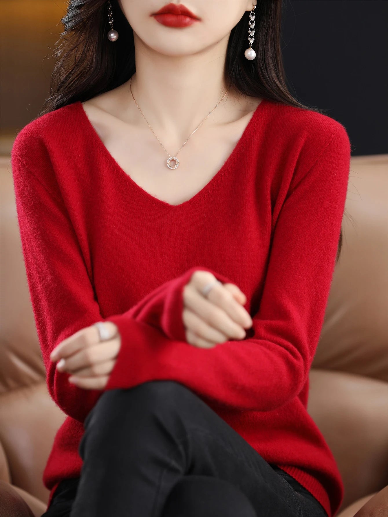 Women 100 Percent Merino Wool V Neck Sweater Fall Winter Warm Pullover