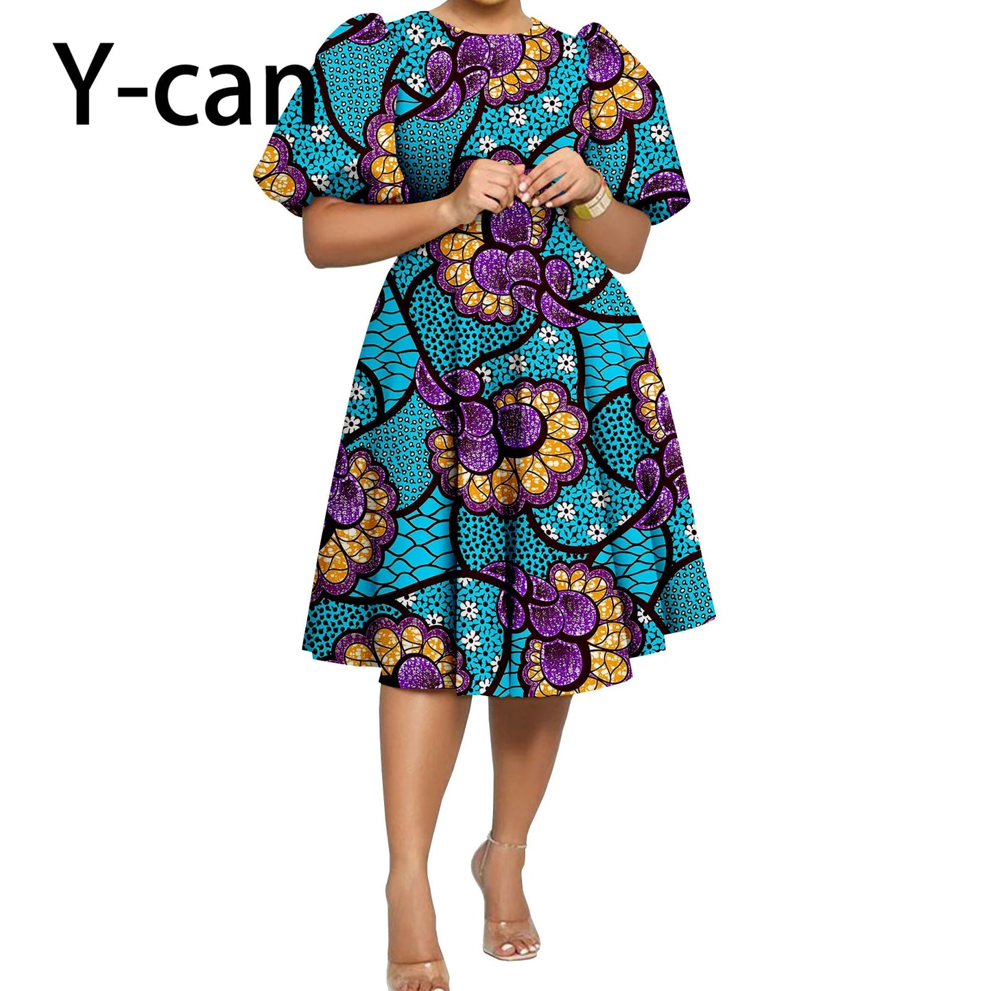 African Clothes for Women Girl Lady Dress Skirt Short Bubble Sleeve Blow the Knee Fashion Causal Bazin Riche Ankara Y2325085