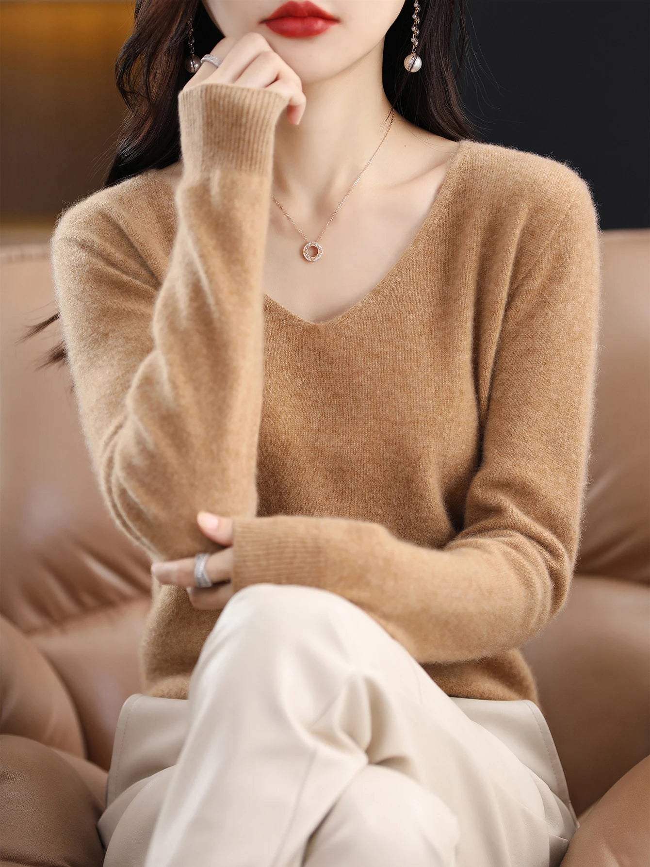 Women 100 Percent Merino Wool V Neck Sweater Fall Winter Warm Pullover