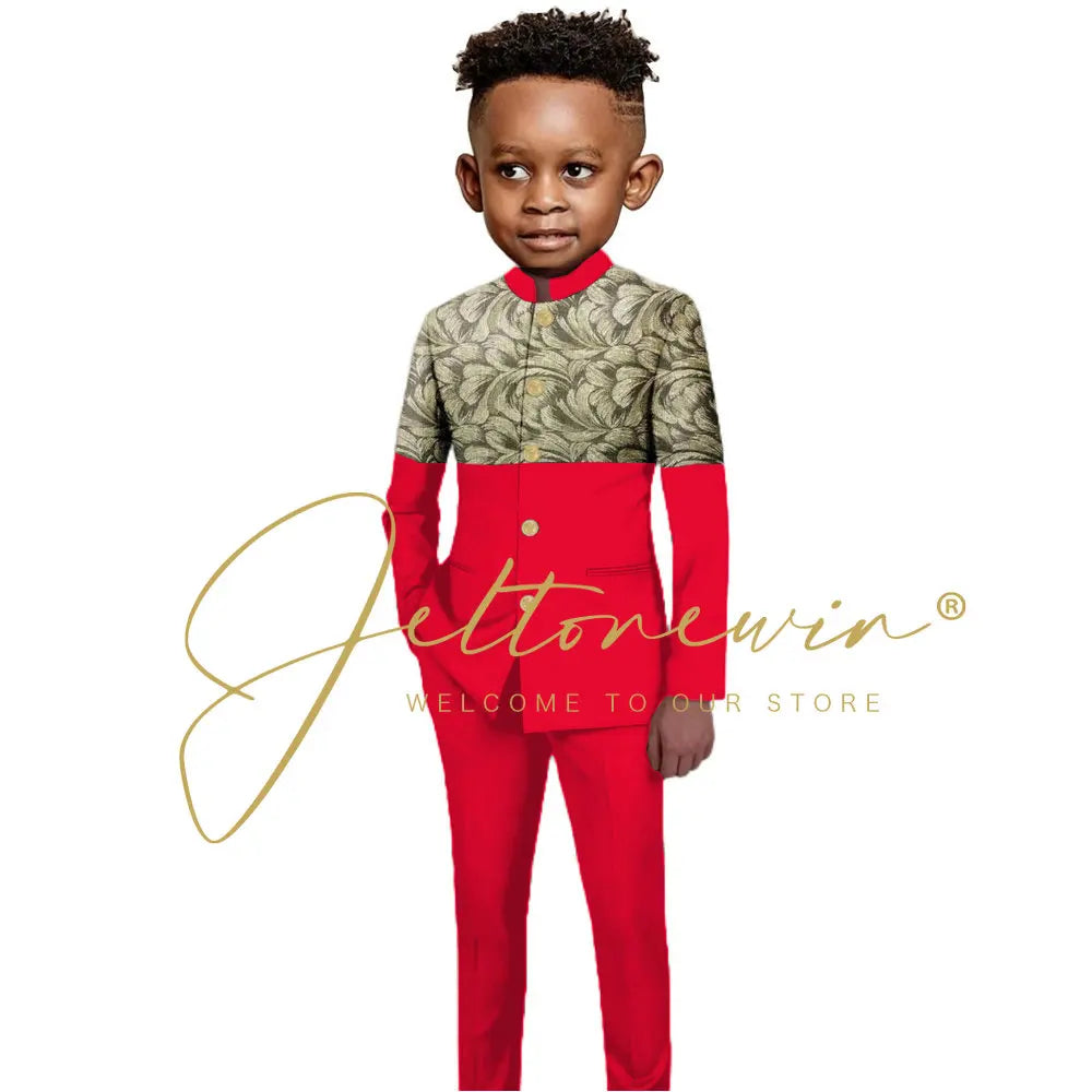 African Style Boys Suit Burgundy Gold Floral Jacket Pants 2 Piece Set Stand Collar Blazer Wedding Tuxedo Kids Formal Party Dress
