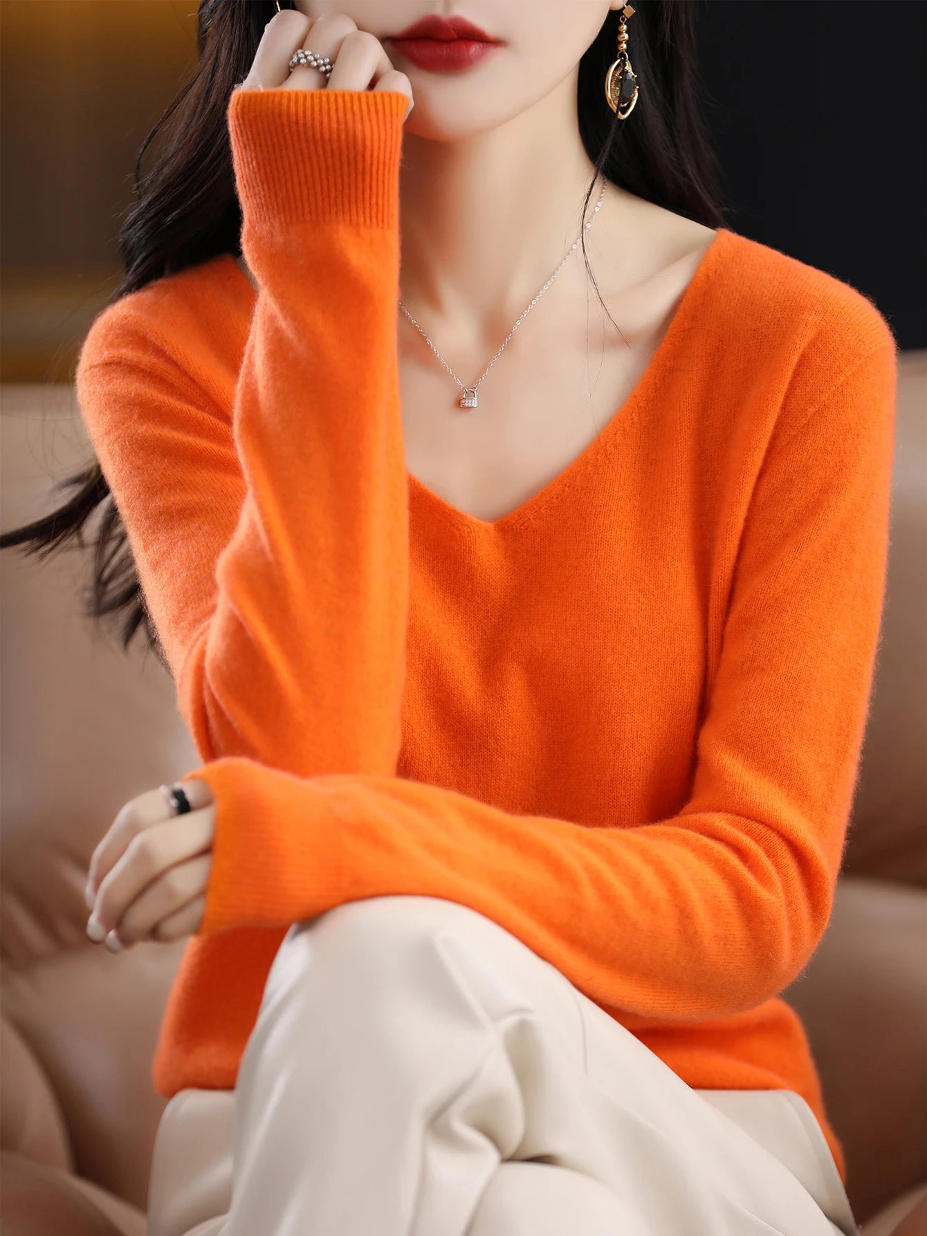 Women 100 Percent Merino Wool V Neck Sweater Fall Winter Warm Pullover