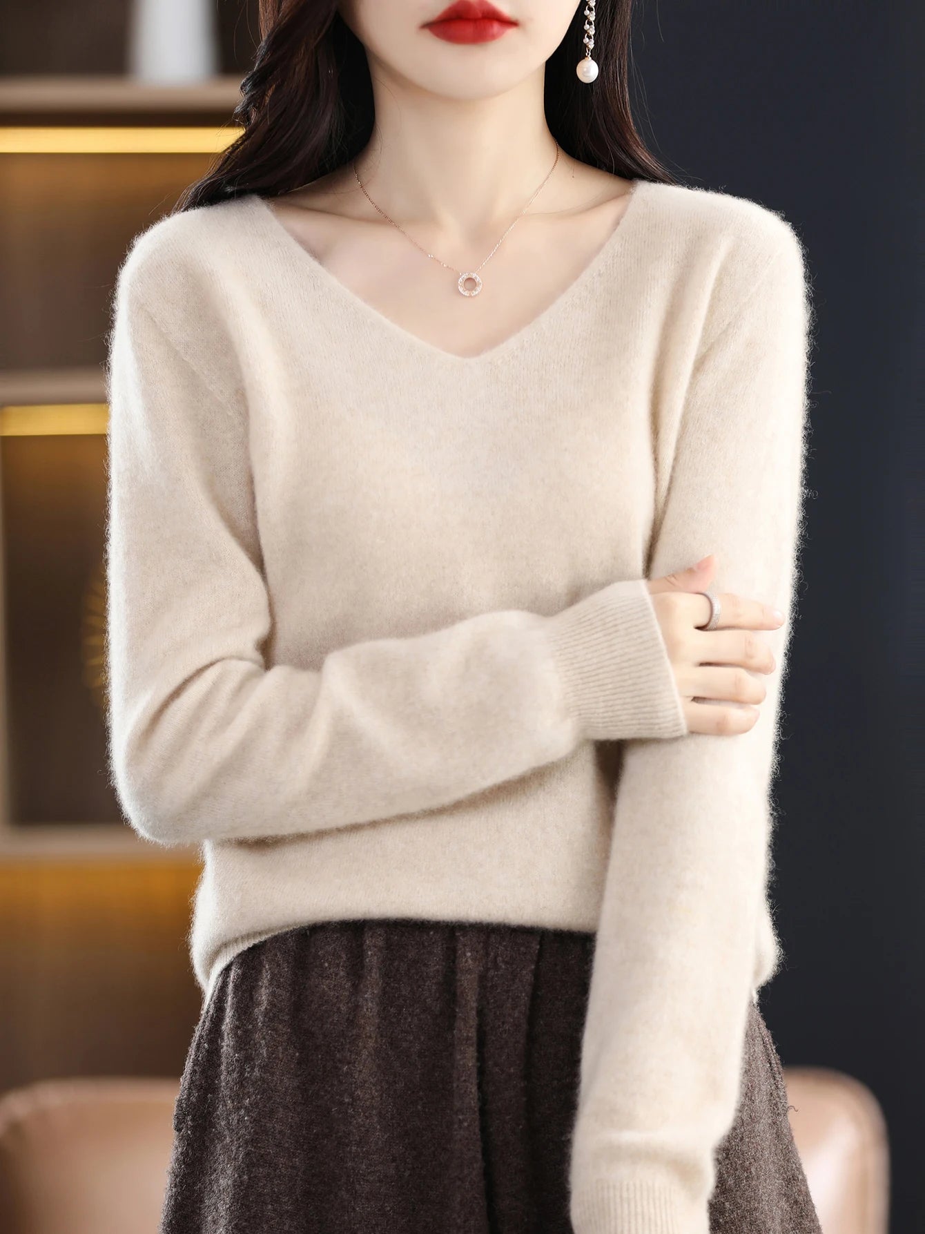 Women 100 Percent Merino Wool V Neck Sweater Fall Winter Warm Pullover