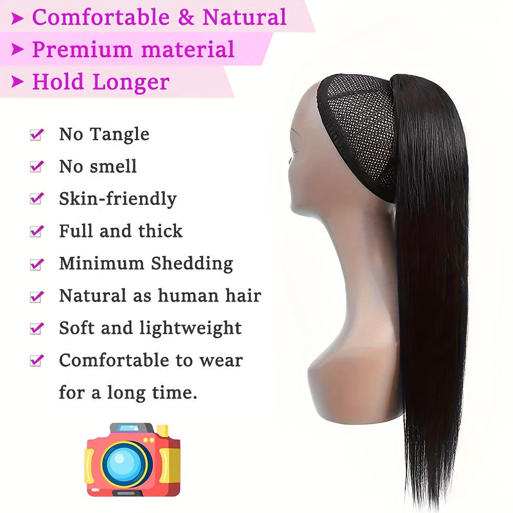 26 Inches Straight Drawstring Ponytail Clip In Ponytail Extensions Natural Color 100% Brazilian Human Hair Wrap Around Ponytails