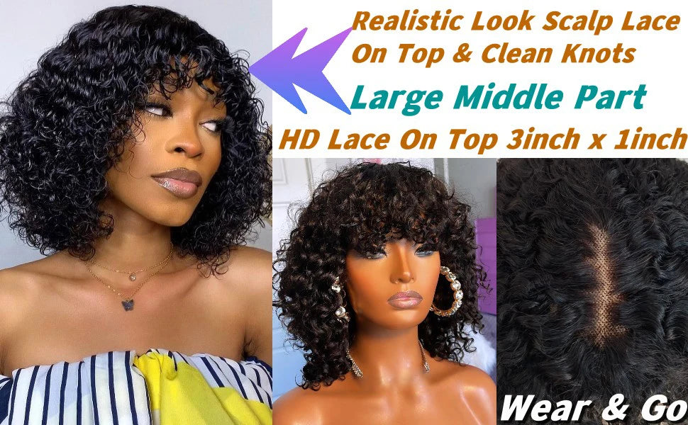 Fake Scalp Curly Wig With Bangs 180% Density Glueless Kinky Curly Brazilian Virgin Human Hair Lace Wigs with Bangs Natural Black