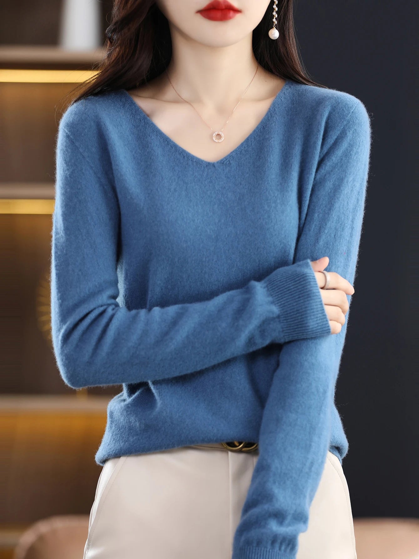 Women 100 Percent Merino Wool V Neck Sweater Fall Winter Warm Pullover
