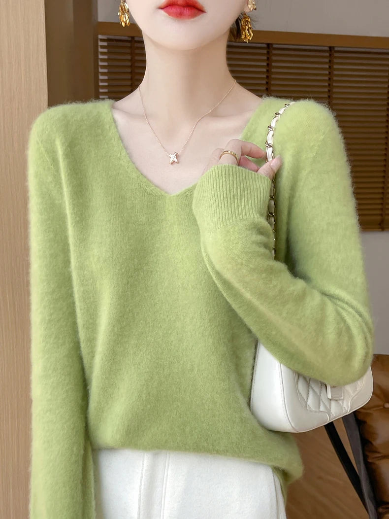 Women 100 Percent Merino Wool V Neck Sweater Fall Winter Warm Pullover