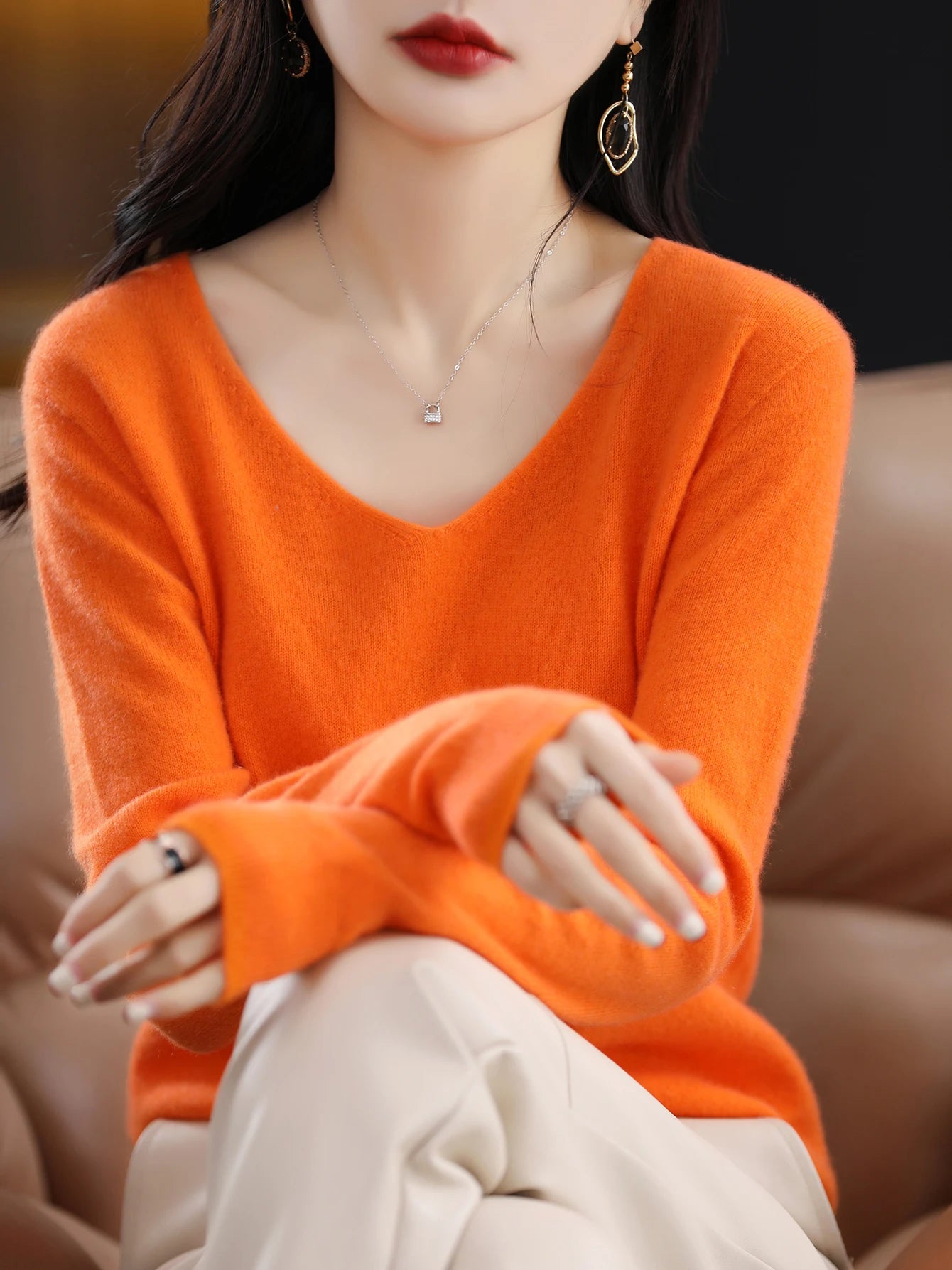 Women 100 Percent Merino Wool V Neck Sweater Fall Winter Warm Pullover