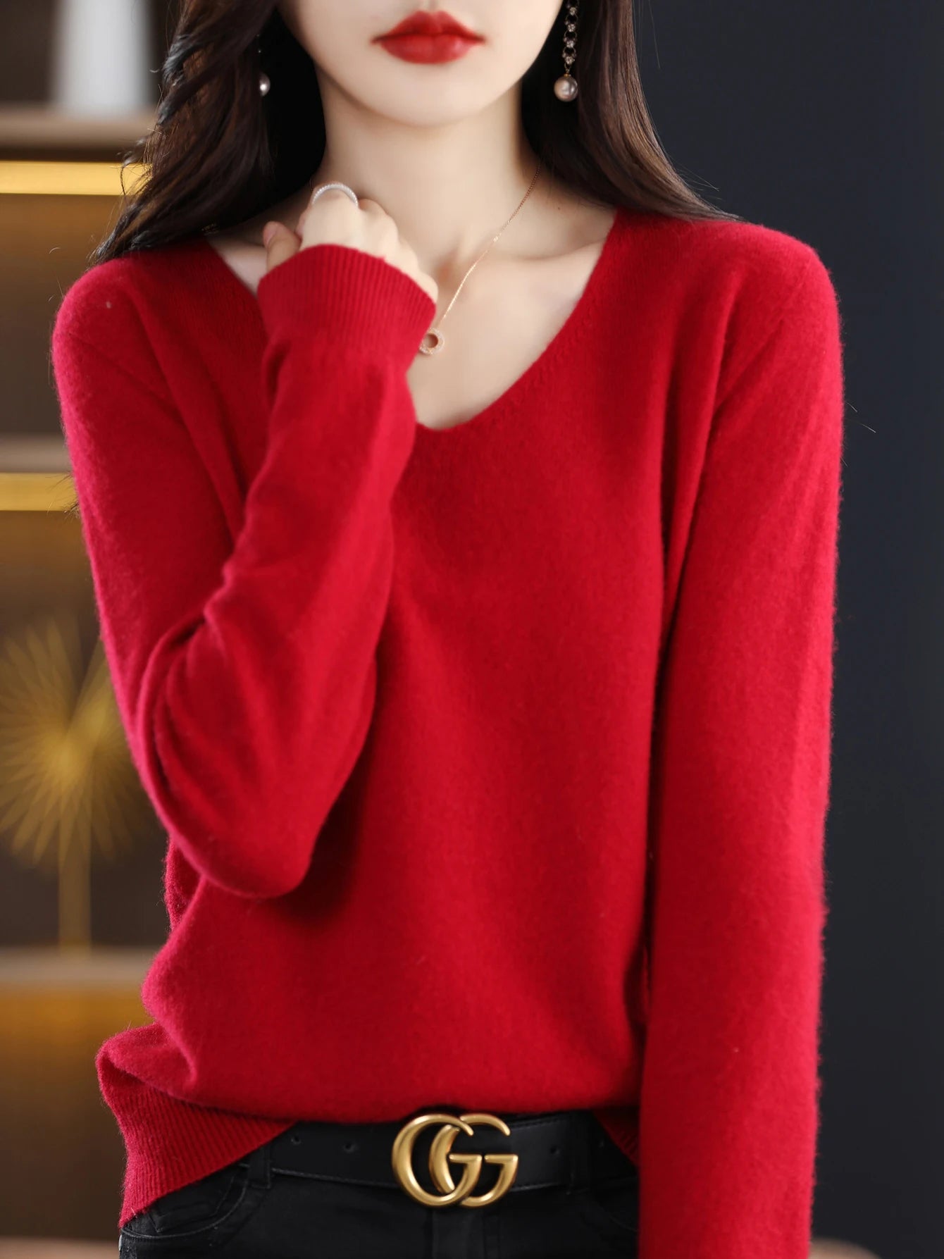 Women 100 Percent Merino Wool V Neck Sweater Fall Winter Warm Pullover