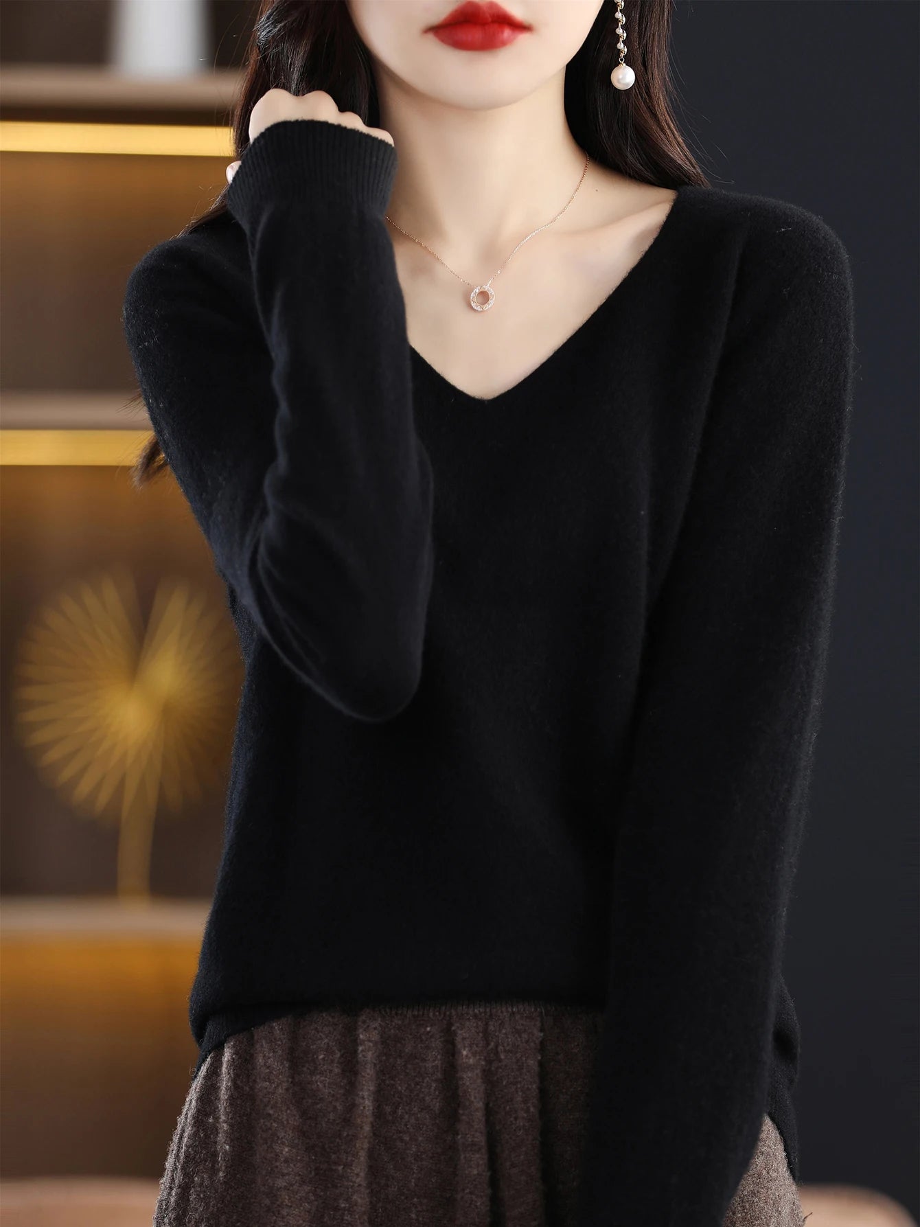 Women 100 Percent Merino Wool V Neck Sweater Fall Winter Warm Pullover