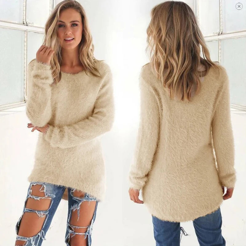 Women Loose Knitted Sweater O Neck Oversize Pullover Casual Long Sweater