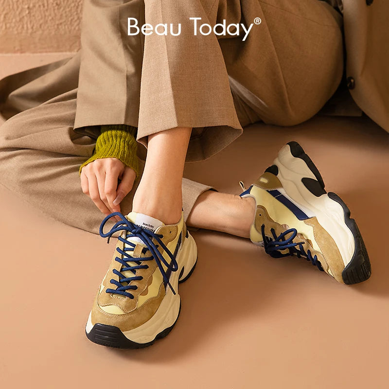 BeauToday Casual Sneakers Women Suede Leather Breathable Mesh Mixed Color Thick Sole Platform Shoes Ladies Flats Handmade 29430