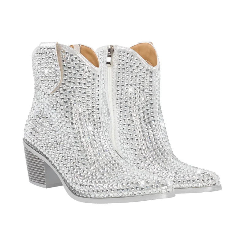 Onlymaker Pointed Toe Rhinestone Ankle Boots Glitter Bling Shiny Super Pretty Gorgeous Artificial Diamond Westen Cowgirl  Boots