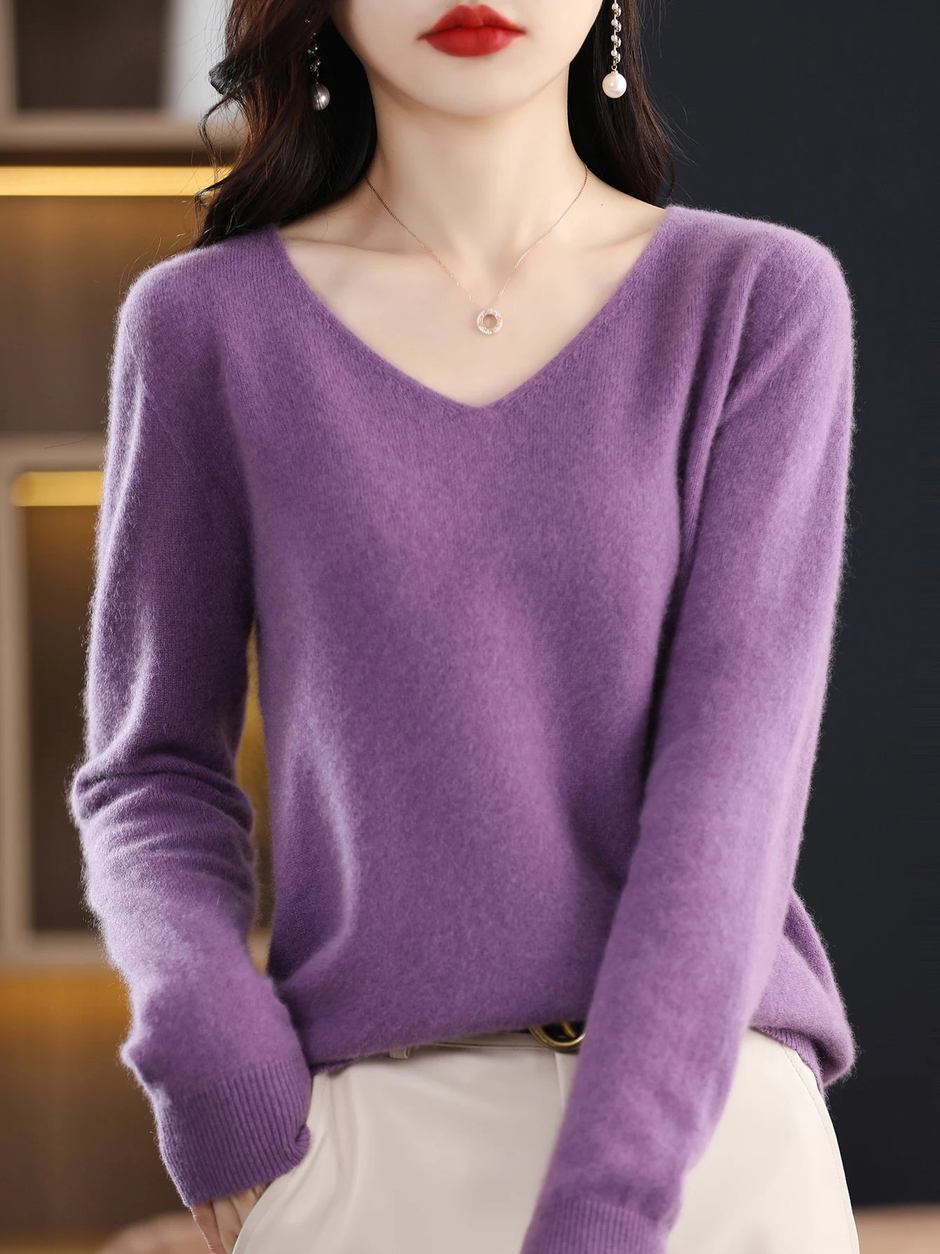 Women 100 Percent Merino Wool V Neck Sweater Fall Winter Warm Pullover