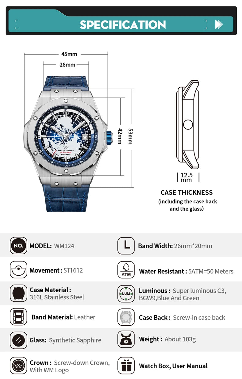 WM Watch World Time Series Men Watches reloj hombre Business Automatic Mechanical Welly Merck Wrist Watch For Man 124M-WM