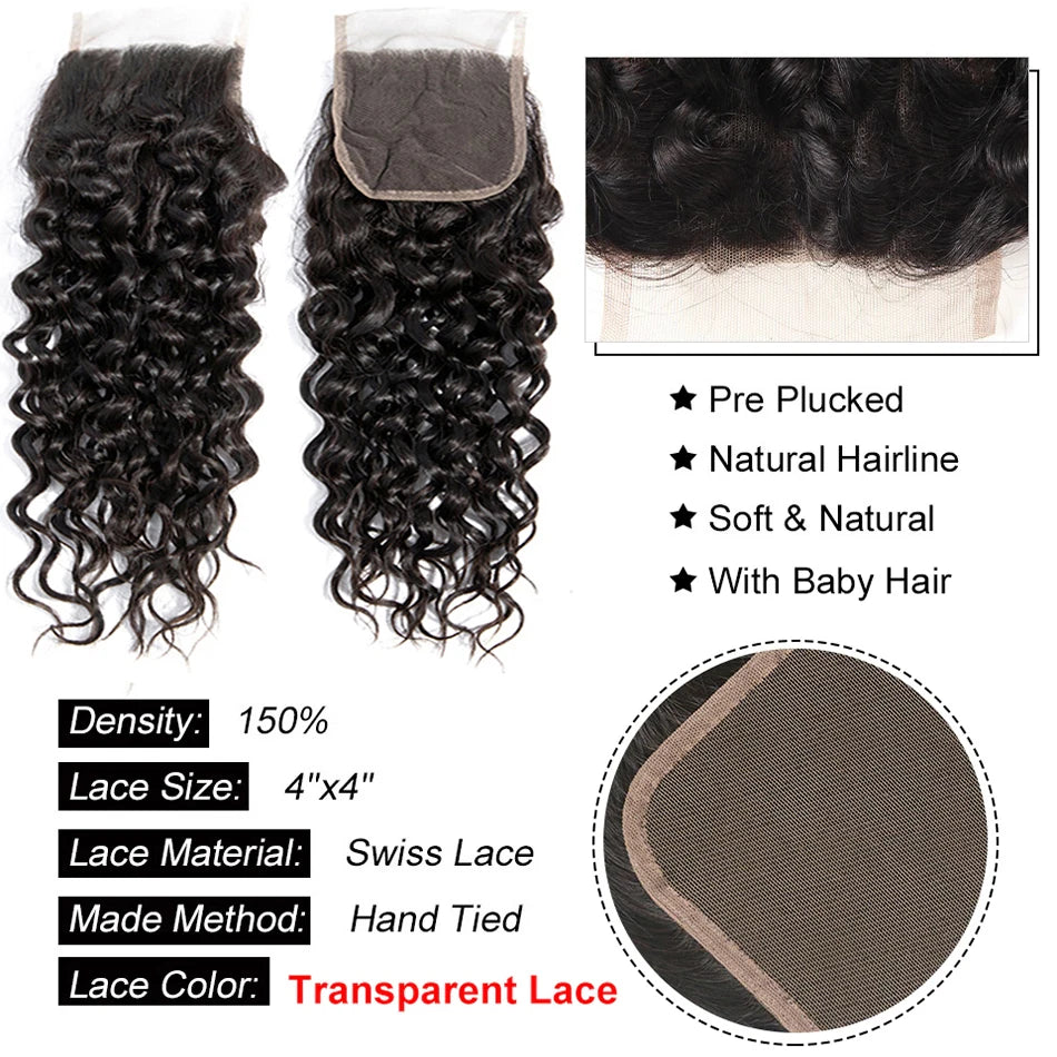 Malaysian Water Wave Bundles With Closure Wet and Wavy Curly Human Hair Bundles With Frontal Virgin Human Hair Weave Extensions