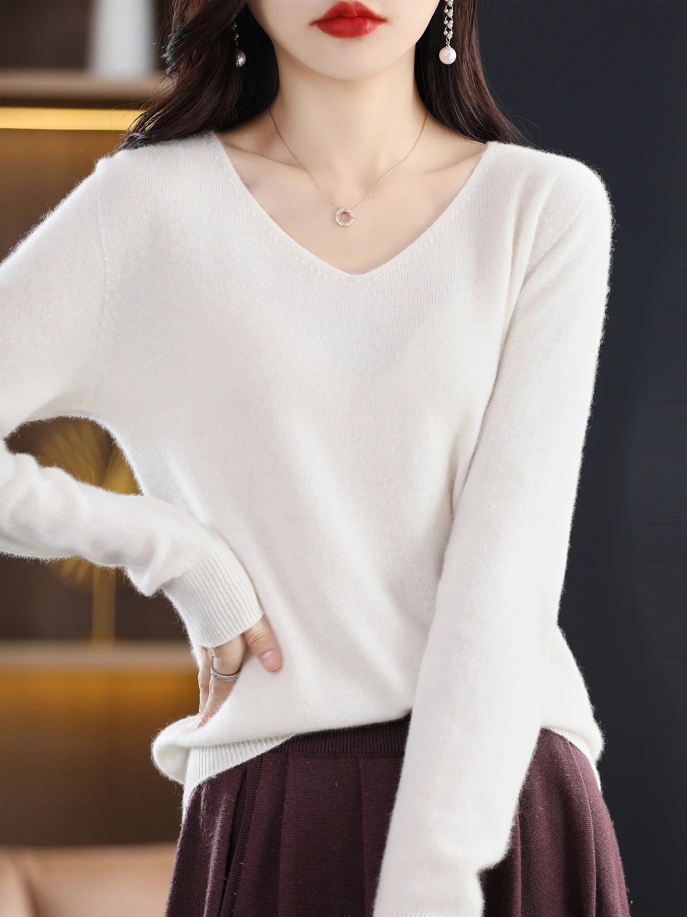 Women 100 Percent Merino Wool V Neck Sweater Fall Winter Warm Pullover