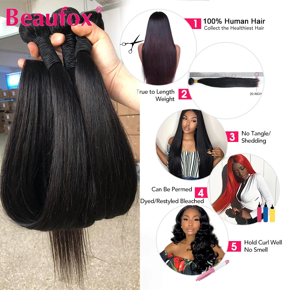 Beaufox Straight Human Hair Bundles Malaysian Straight Hair Bundles Deal Human Hair 1/3/4 Bundles Human Hair Straight 8"-30"