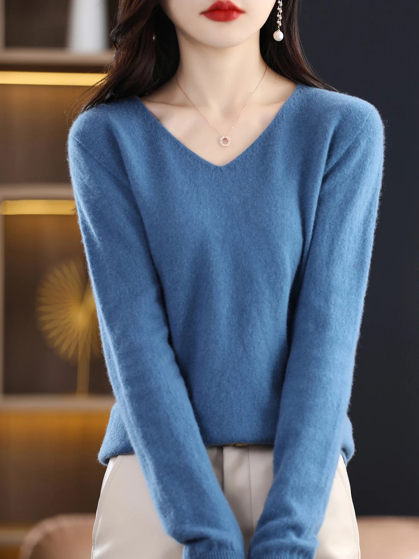 Women 100 Percent Merino Wool V Neck Sweater Fall Winter Warm Pullover