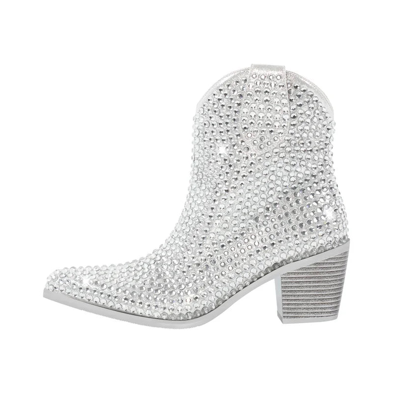 Onlymaker Pointed Toe Rhinestone Ankle Boots Glitter Bling Shiny Super Pretty Gorgeous Artificial Diamond Westen Cowgirl  Boots