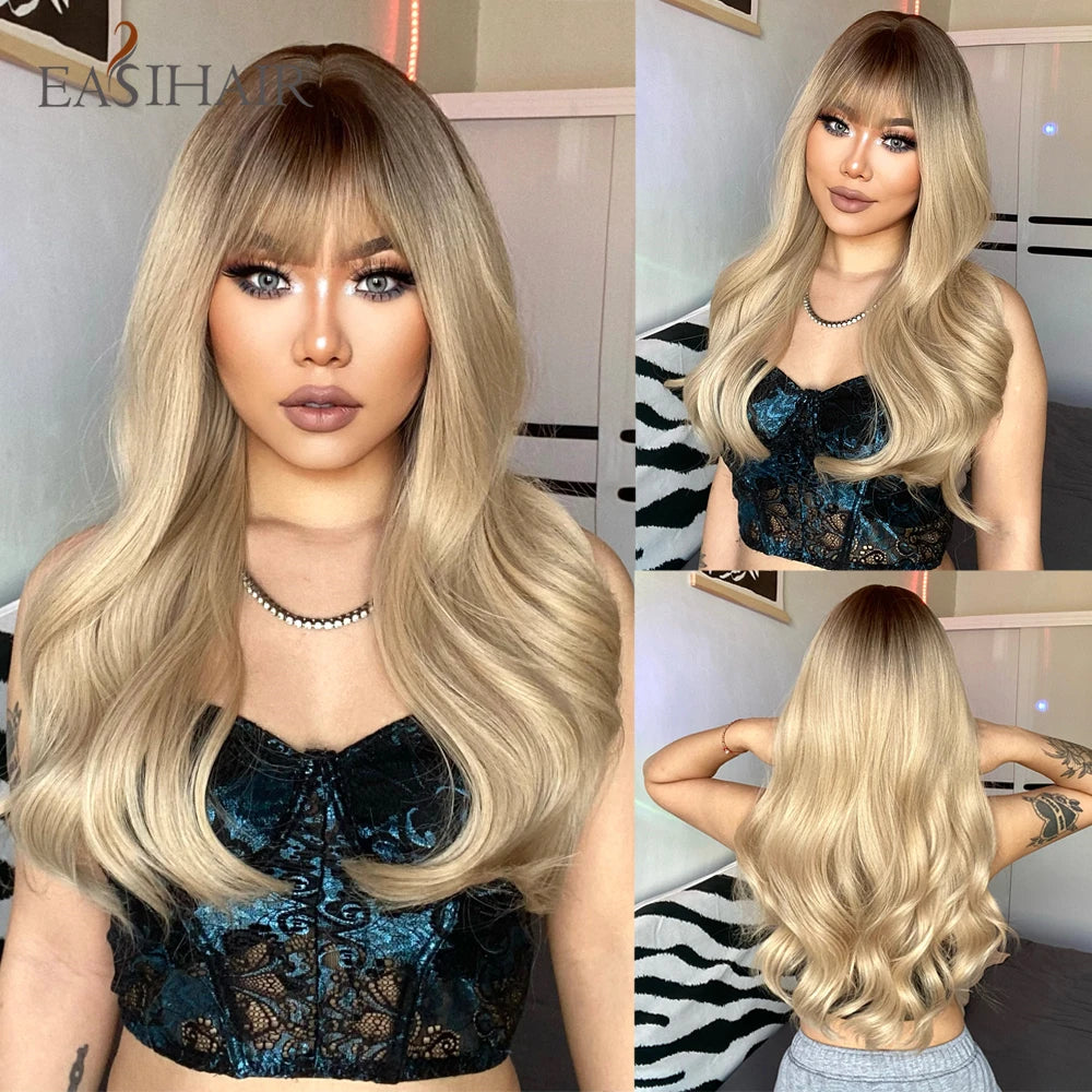 EASIHAIR Dark Brown Long Curly Synthetic Wig with Bangs Brown Women's Wigs for Cosplay Daily Use Heat Resistant Natural Hair