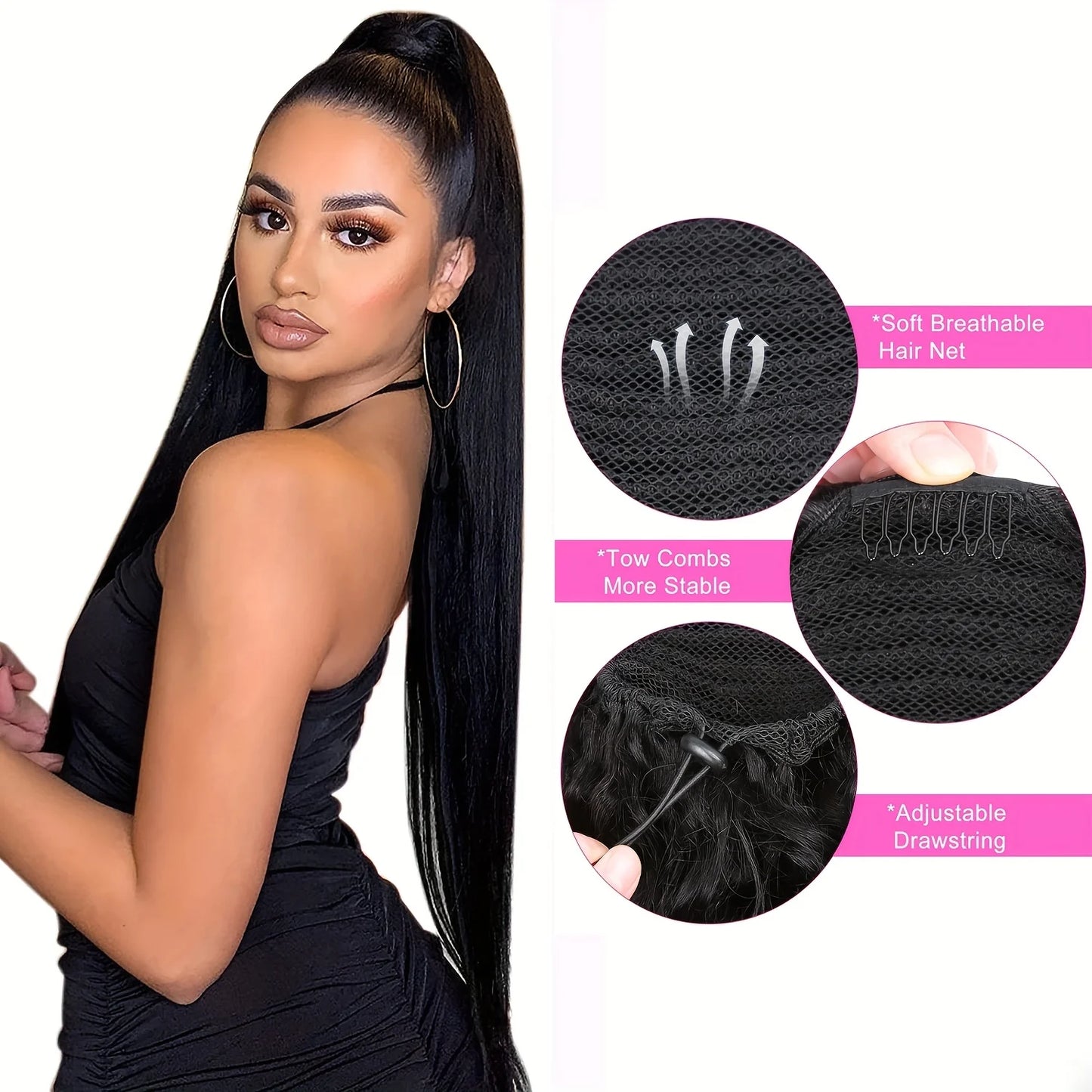 26 Inches Straight Drawstring Ponytail Clip In Ponytail Extensions Natural Color 100% Brazilian Human Hair Wrap Around Ponytails