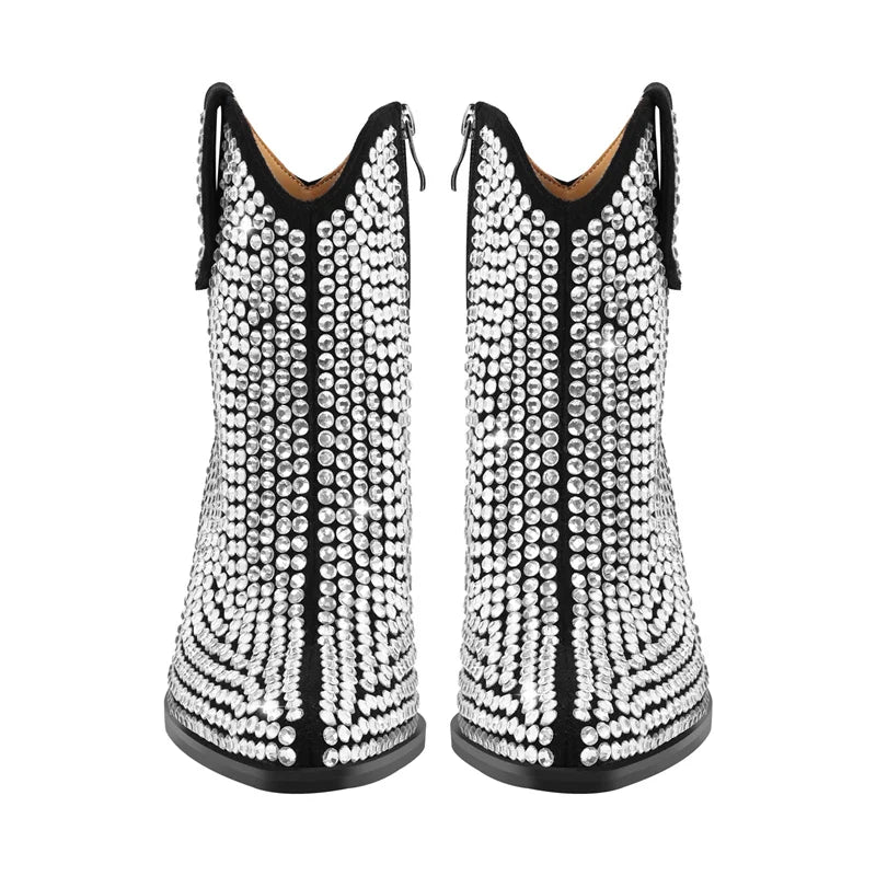 Onlymaker Pointed Toe Rhinestone Ankle Boots Glitter Bling Shiny Super Pretty Gorgeous Artificial Diamond Westen Cowgirl  Boots
