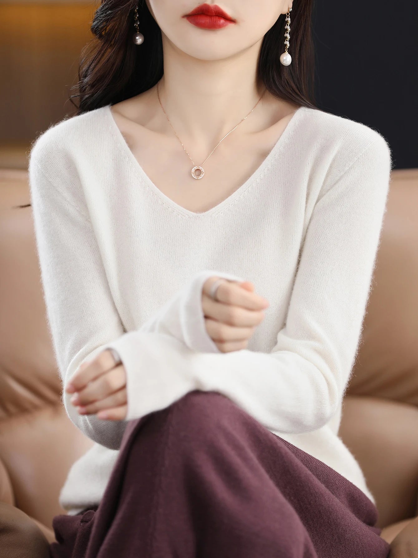 Women 100 Percent Merino Wool V Neck Sweater Fall Winter Warm Pullover