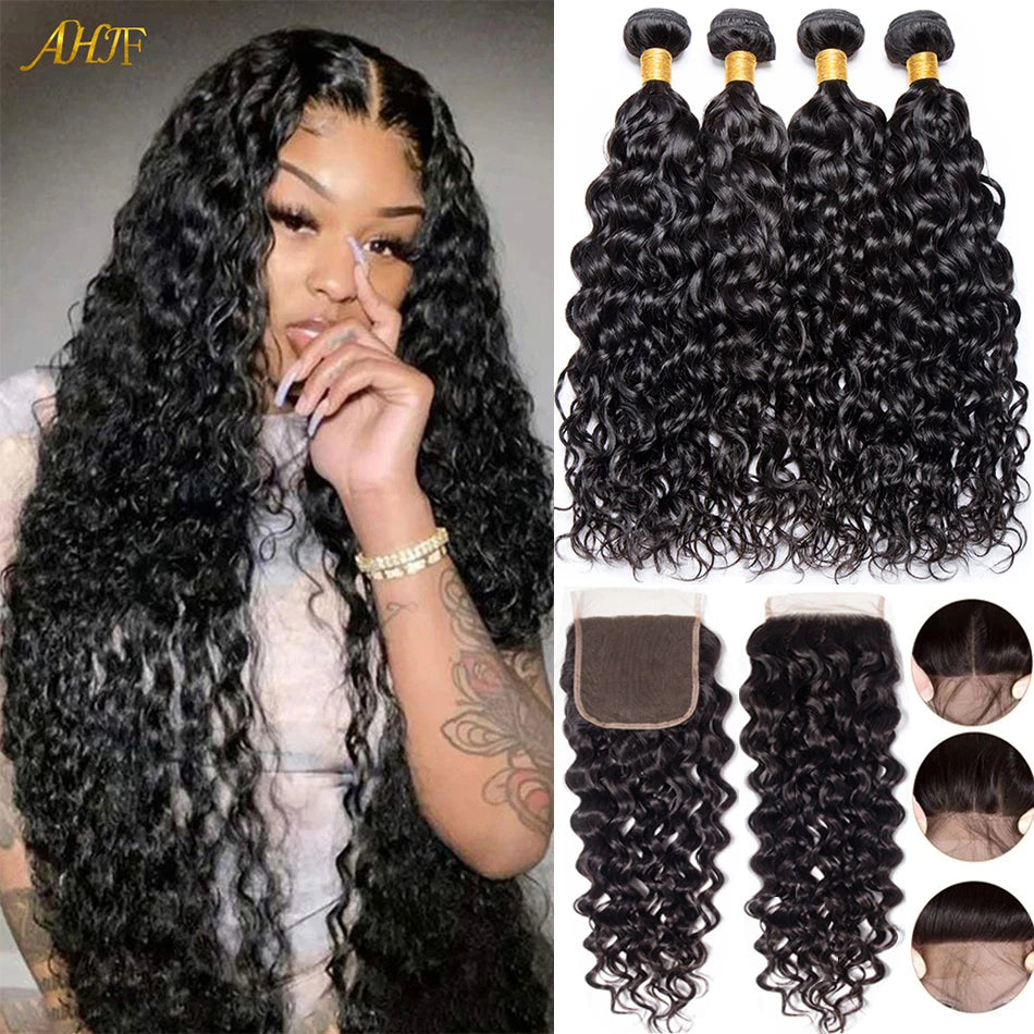 Malaysian Water Wave Bundles With Closure Wet and Wavy Curly Human Hair Bundles With Frontal Virgin Human Hair Weave Extensions