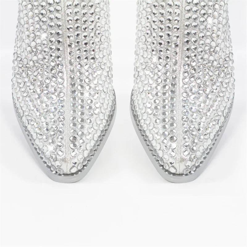Onlymaker Pointed Toe Rhinestone Ankle Boots Glitter Bling Shiny Super Pretty Gorgeous Artificial Diamond Westen Cowgirl  Boots
