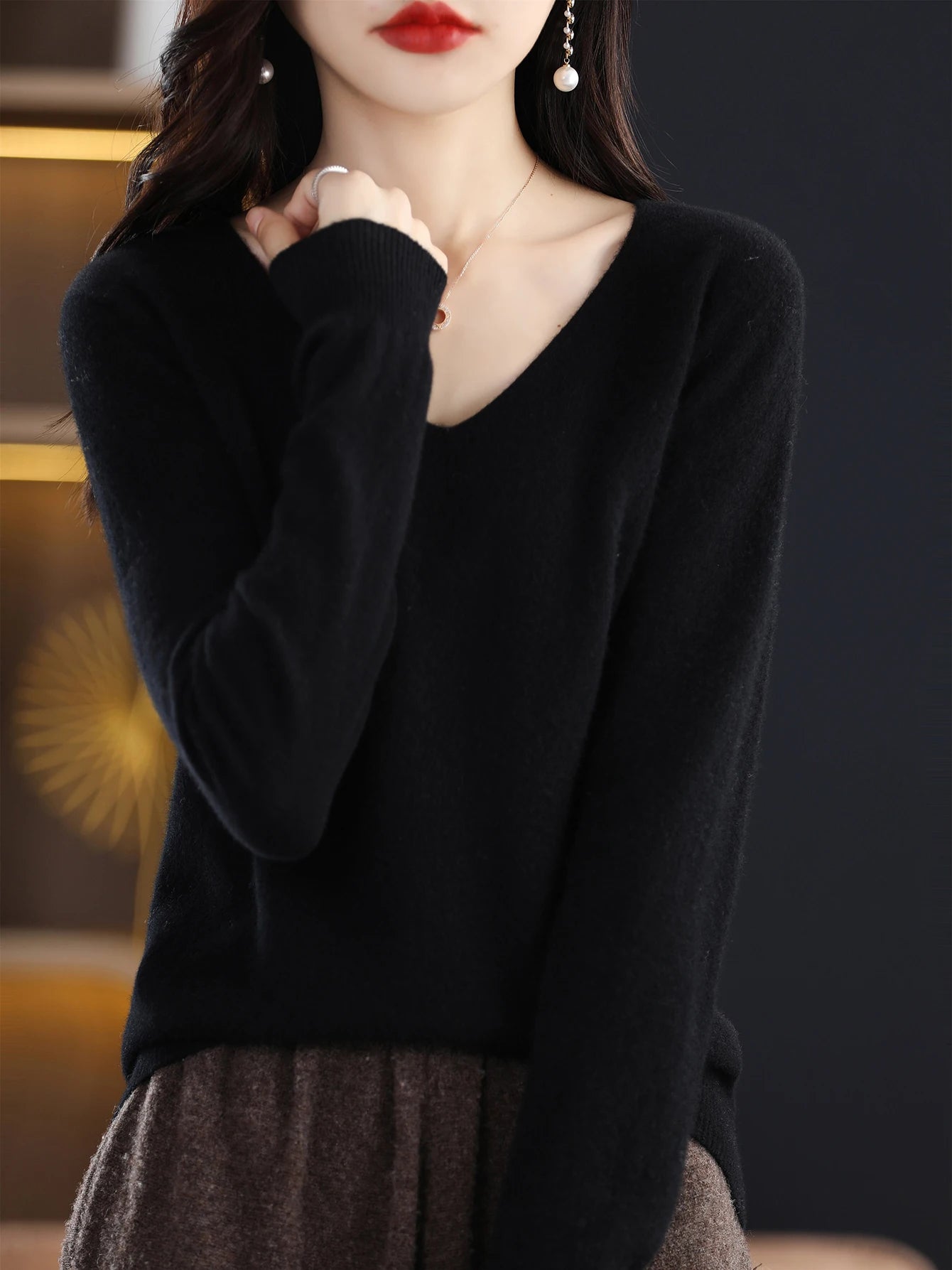 Women 100 Percent Merino Wool V Neck Sweater Fall Winter Warm Pullover