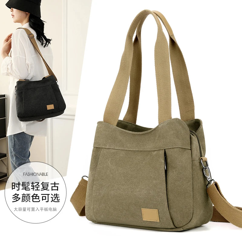 Retro Canvas Shoulder Bag Multifunctional Large Capacity Casual Crossbody Bag for Women