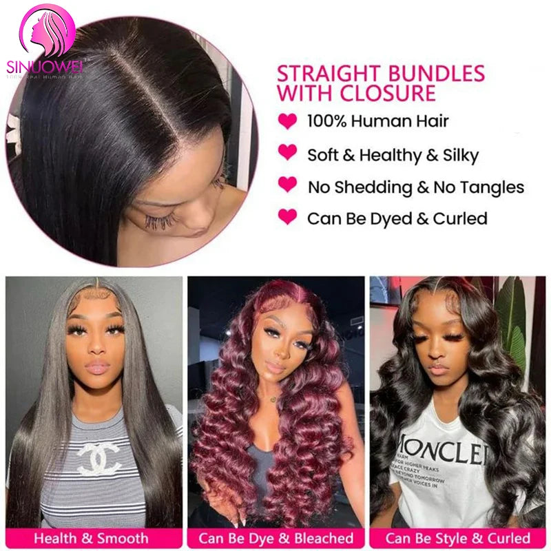 Bone Straight 100% Human Hair Bundles With 4x4 transparent Lace Closures 3/4 Bundles Brazilian Hair Weave Bundles With Closure