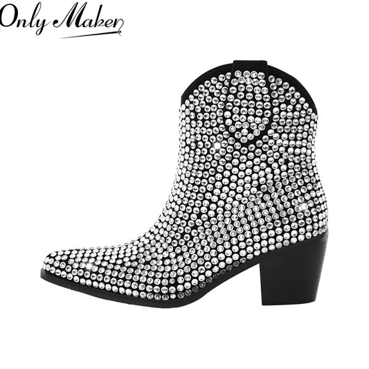 Onlymaker Pointed Toe Rhinestone Ankle Boots Glitter Bling Shiny Super Pretty Gorgeous Artificial Diamond Westen Cowgirl  Boots