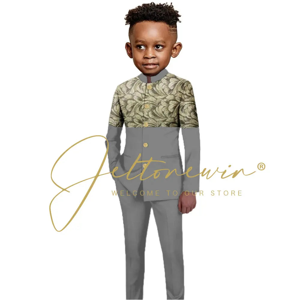 African Style Boys Suit Burgundy Gold Floral Jacket Pants 2 Piece Set Stand Collar Blazer Wedding Tuxedo Kids Formal Party Dress