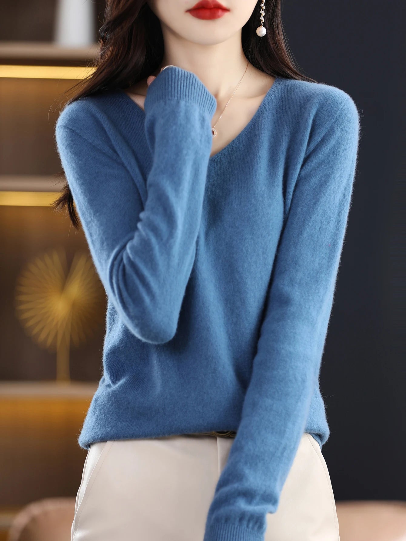Women 100 Percent Merino Wool V Neck Sweater Fall Winter Warm Pullover