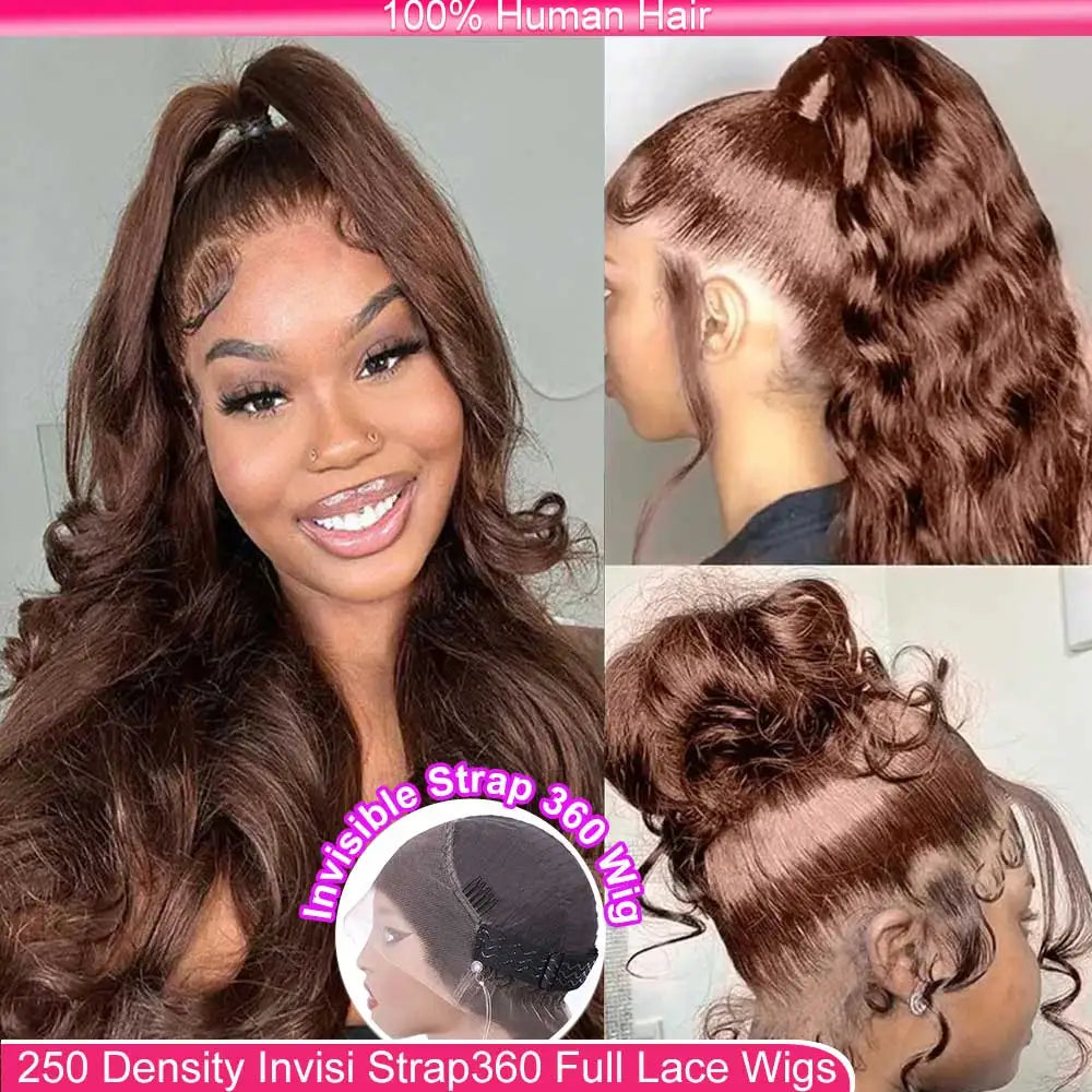 Invisi Strap 360 Full HD Lace Wig 250 Density Glueless Human Hair Wig Chocolate Brown Lace Front Wig Body Wave Frontal Wig